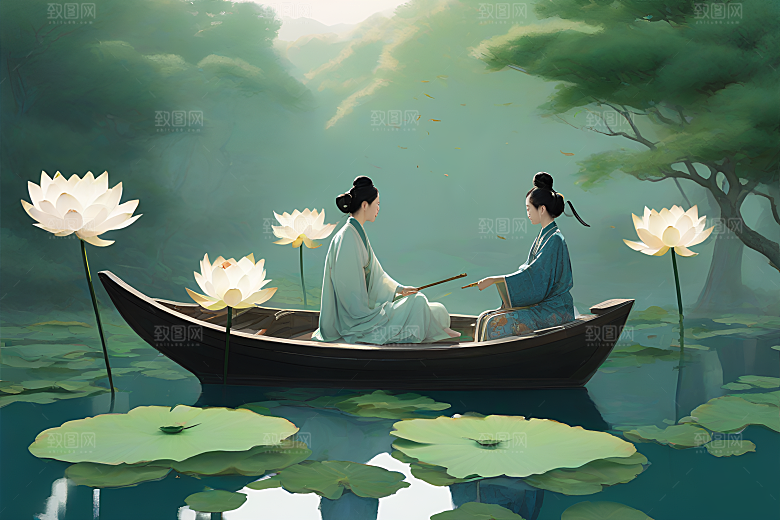 船上赏荷中国水墨呼吸仇英的风格