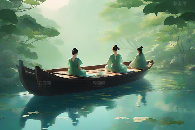 船上赏荷中国水墨呼吸仇英的风格