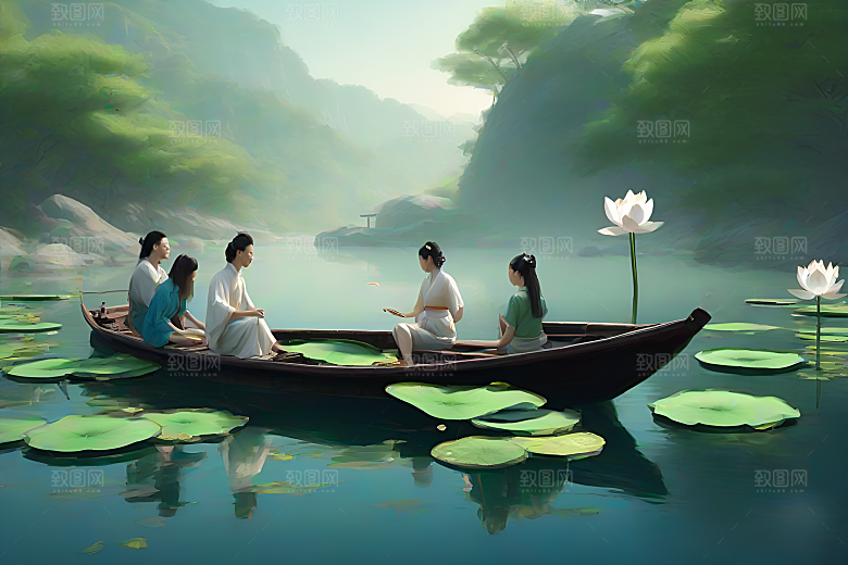 船上赏荷中国水墨呼吸仇英的风格