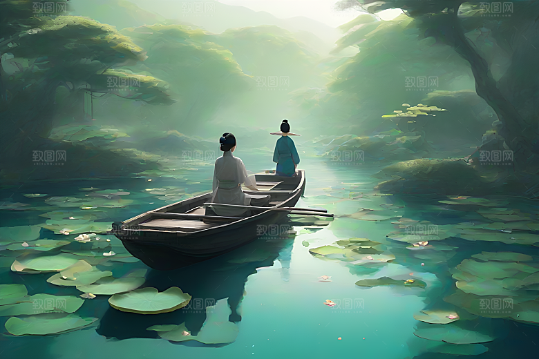 船上赏荷中国水墨呼吸仇英的风格
