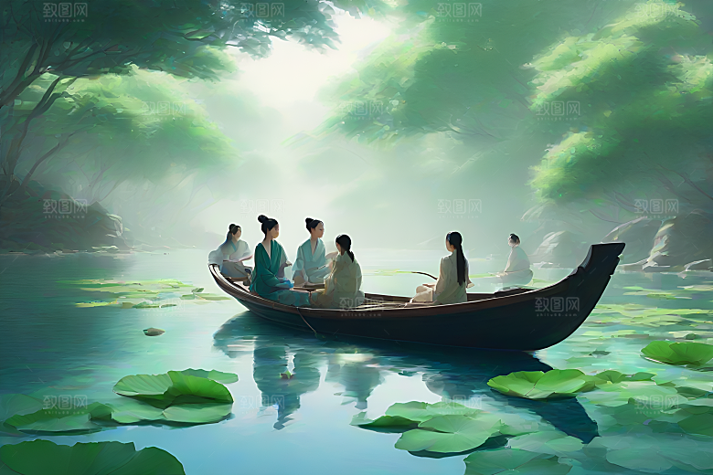 船上赏荷中国水墨呼吸仇英的风格