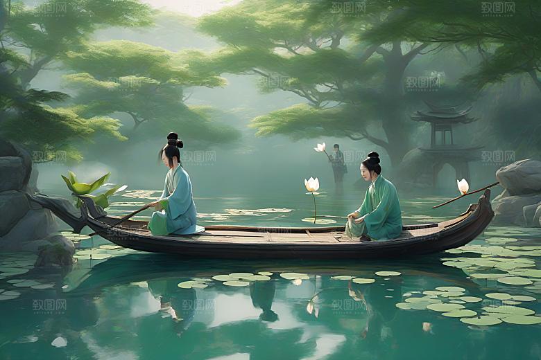水墨夏天船上观盛开的荷花景观