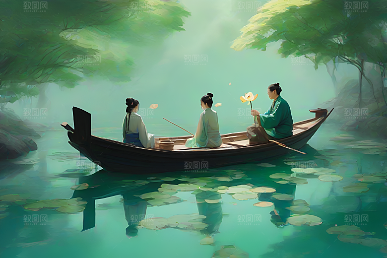 船上赏荷中国水墨呼吸仇英的风格