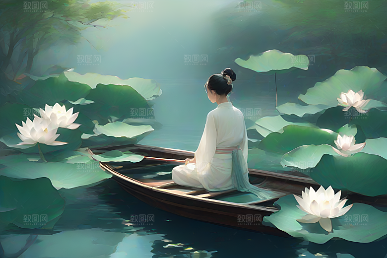 水墨夏天船上观盛开的荷花景观