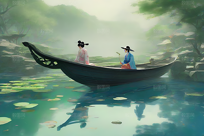 水墨夏天船上观盛开的荷花景观