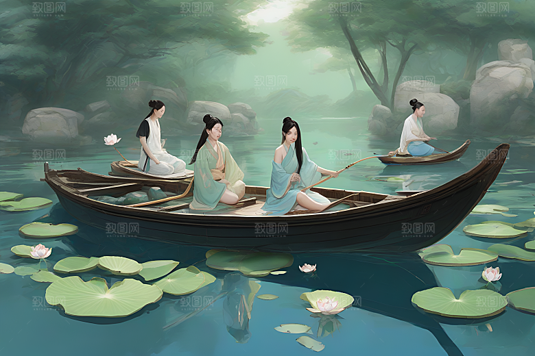 水墨夏天船上观盛开的荷花景观