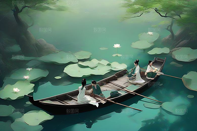 水墨夏天船上观盛开的荷花景观