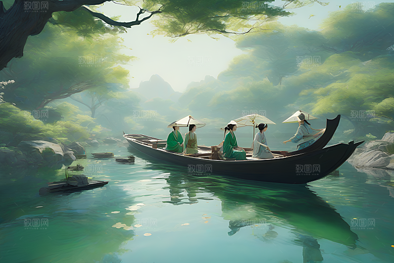 水墨夏天船上观盛开的荷花景观