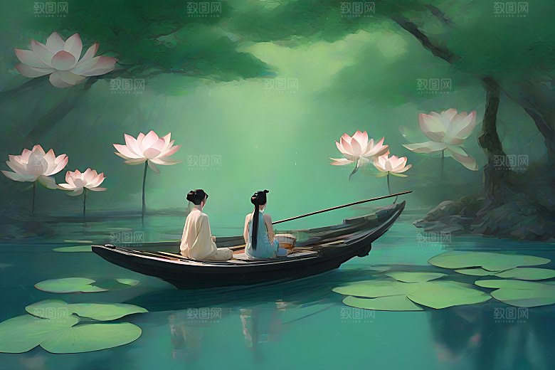 水墨夏天船上观盛开的荷花景观