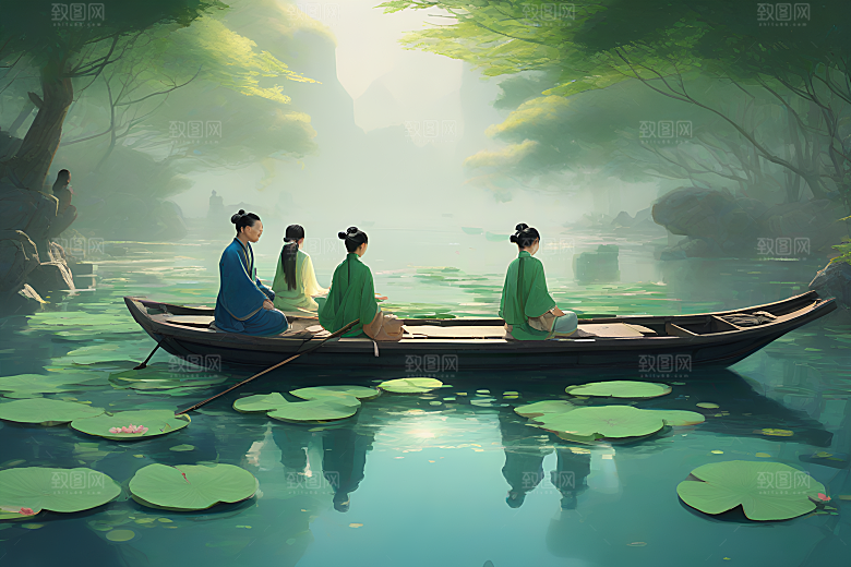 水墨夏天船上观盛开的荷花景观