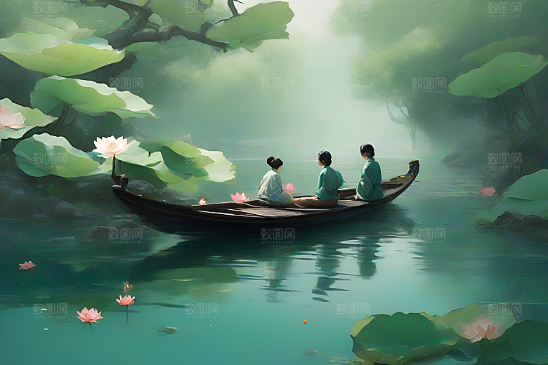玉荷叶船行中国古代艺术家仇英的风格