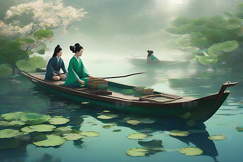 玉荷叶船行中国古代艺术家仇英的风格