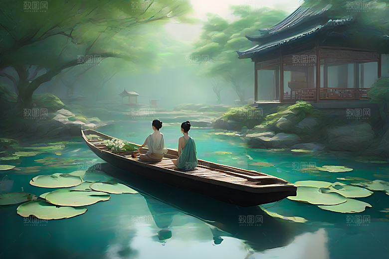 玉荷叶船行中国古代艺术家仇英的风格