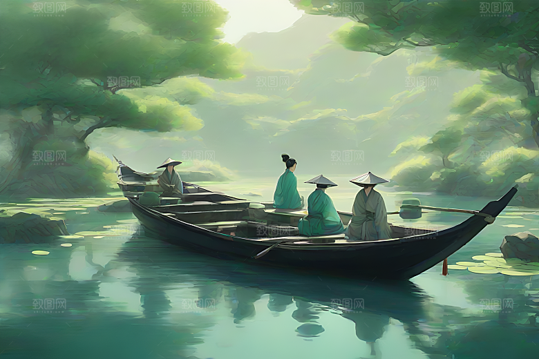 波光粼粼的水墨世界夏天的荷花