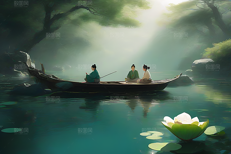 波光粼粼的水墨世界夏天的荷花