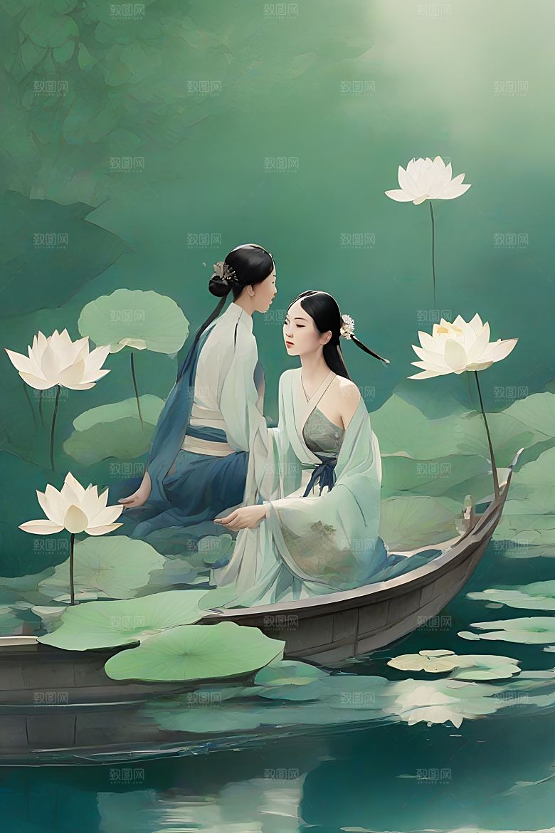 玉荷叶船行中国古代艺术家仇英的风格