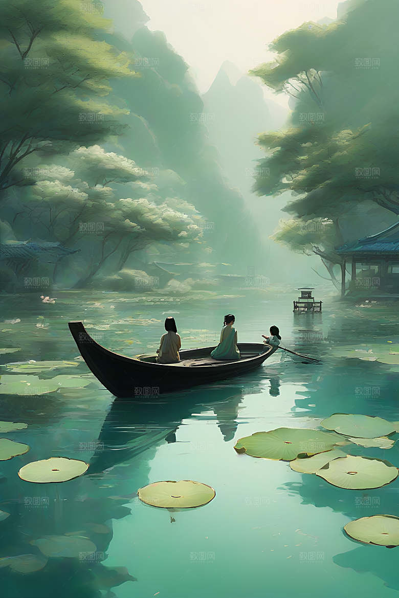 船上观荷花中国水墨艺术之美