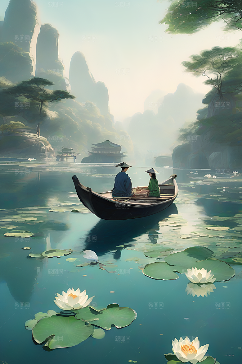船上观荷花中国水墨艺术之美