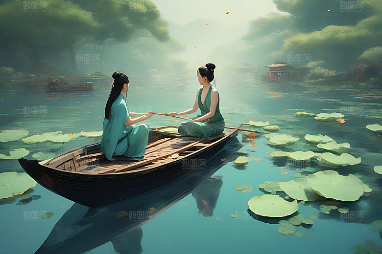 船上观荷花中国水墨艺术之美
