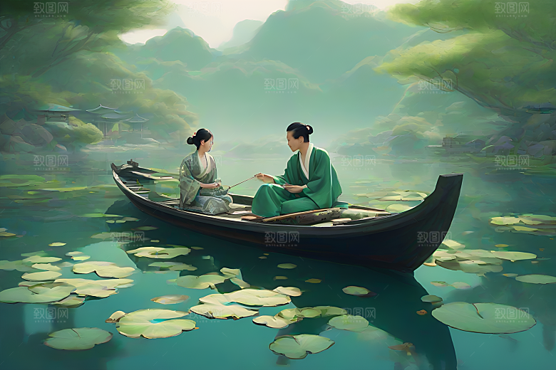 船上观荷花中国水墨艺术之美