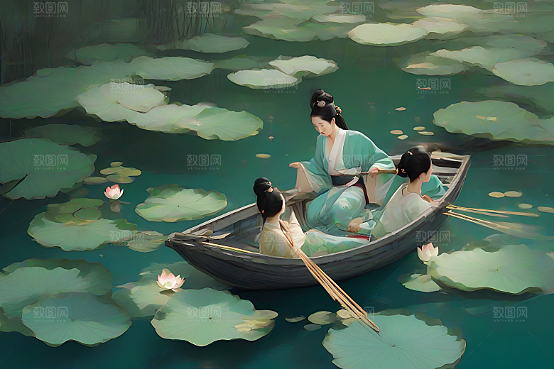 船上观荷花中国水墨艺术之美