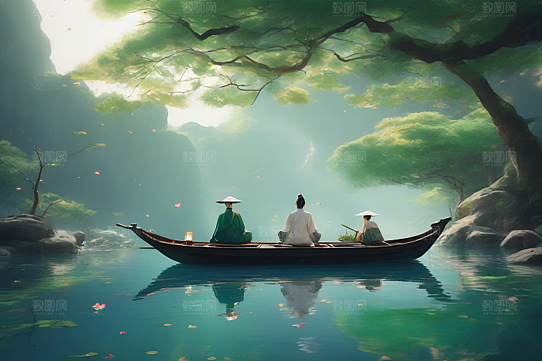 船上观荷花中国水墨艺术之美
