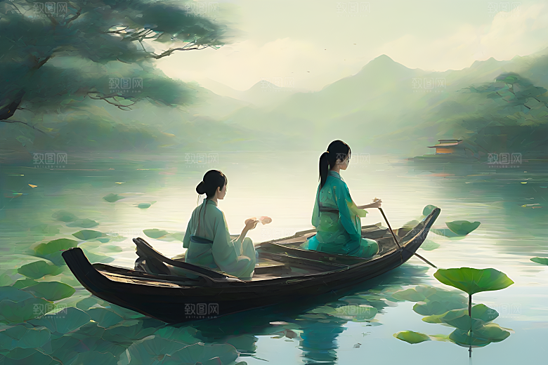 船上观荷花中国水墨艺术之美