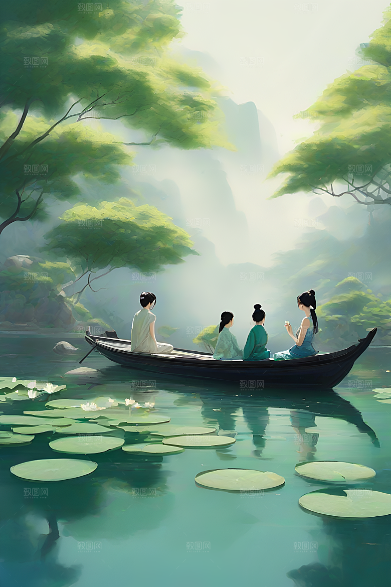 船上观荷花中国水墨艺术之美