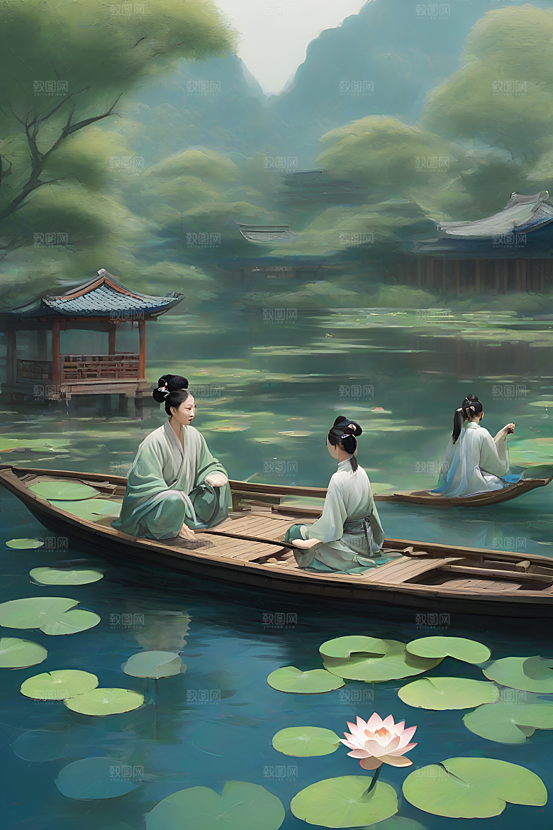 船上观荷花中国水墨艺术之美
