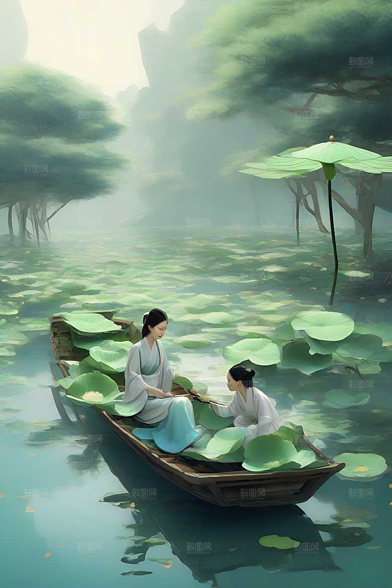 船上观荷花中国水墨艺术之美