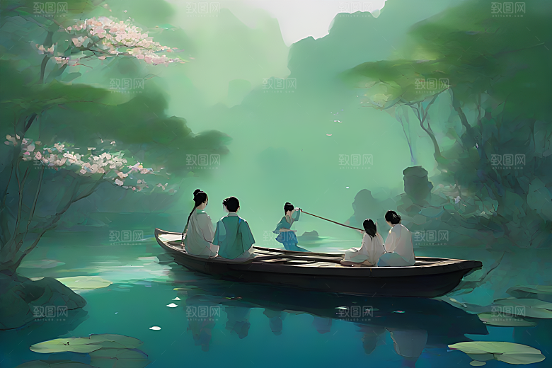 水墨画中的盛夏荷花景观