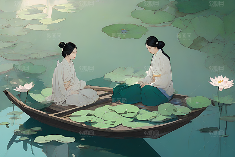 水墨画中的盛夏荷花景观