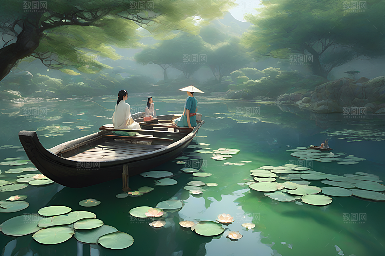 水墨画中的盛夏荷花景观