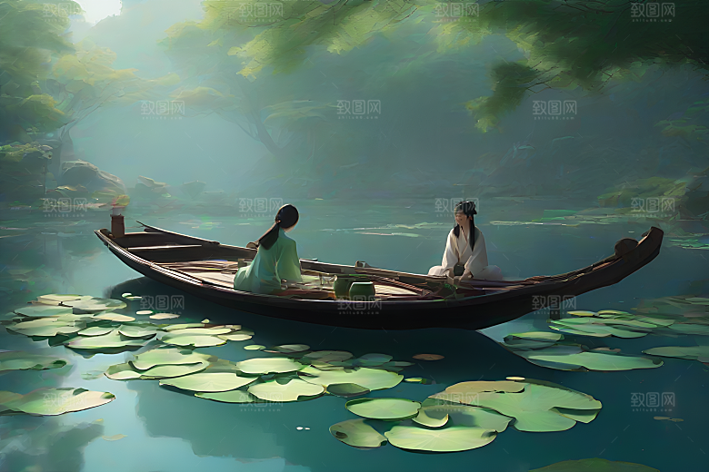 船上赏荷花中国水墨艺术家仇英的风格
