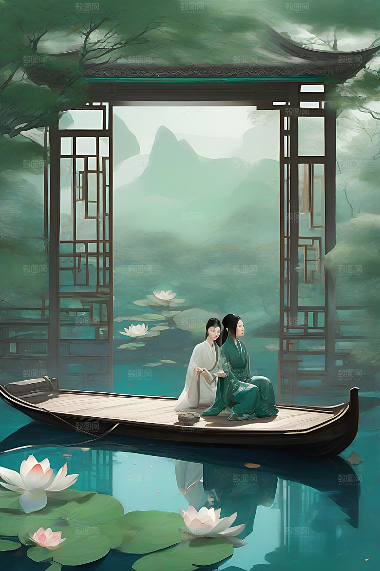 水墨画中的盛夏荷花景观