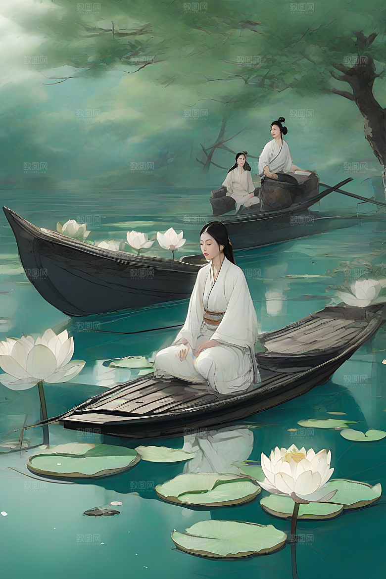 水墨画中的盛夏荷花景观