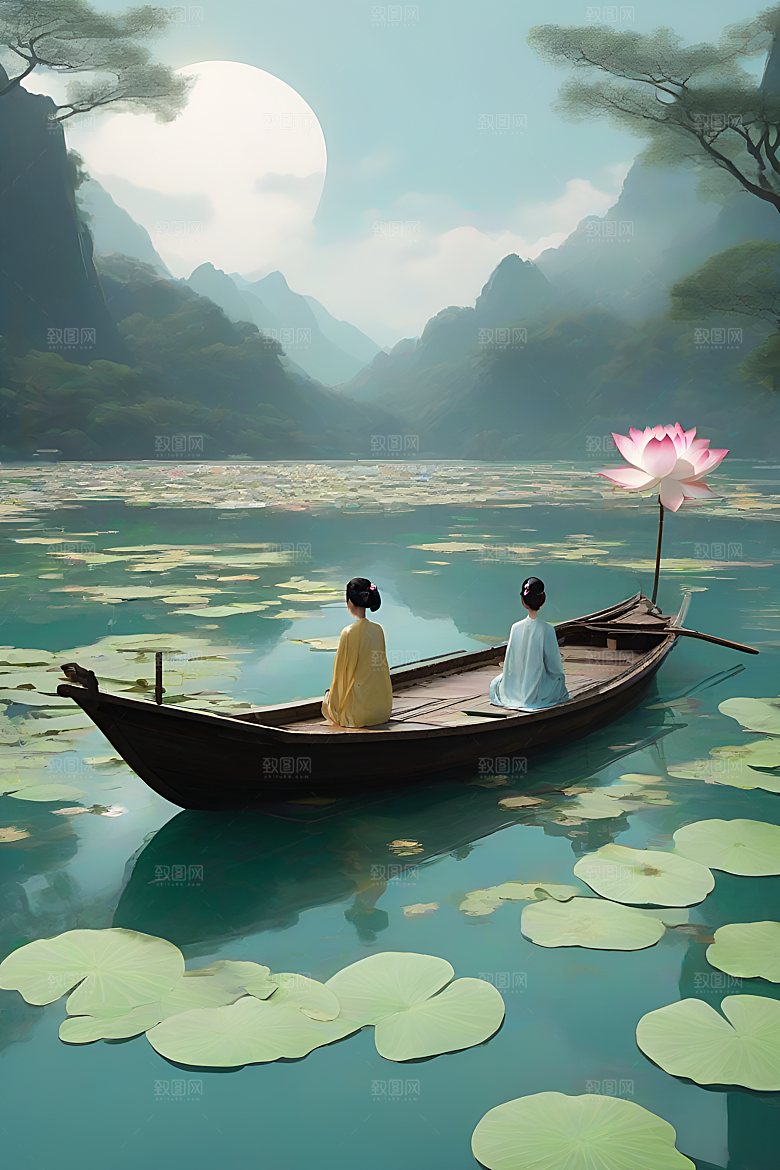 水墨画中的盛夏荷花景观