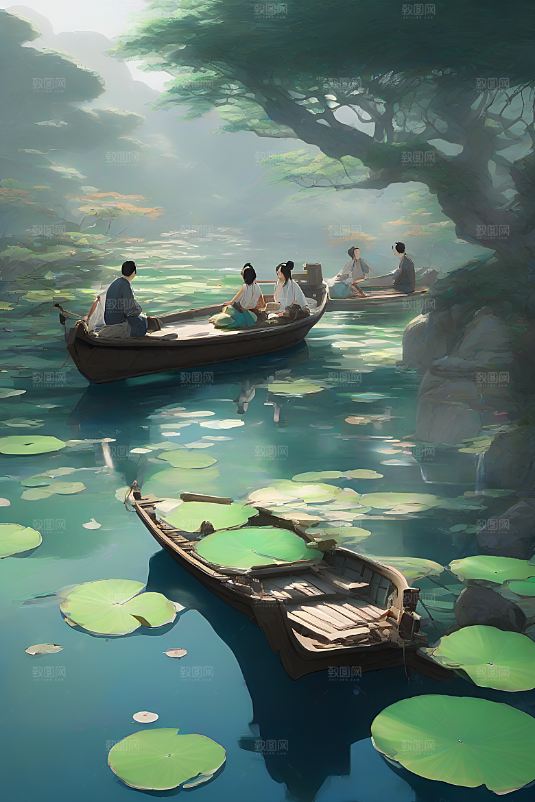 水墨画中的盛夏荷花景观