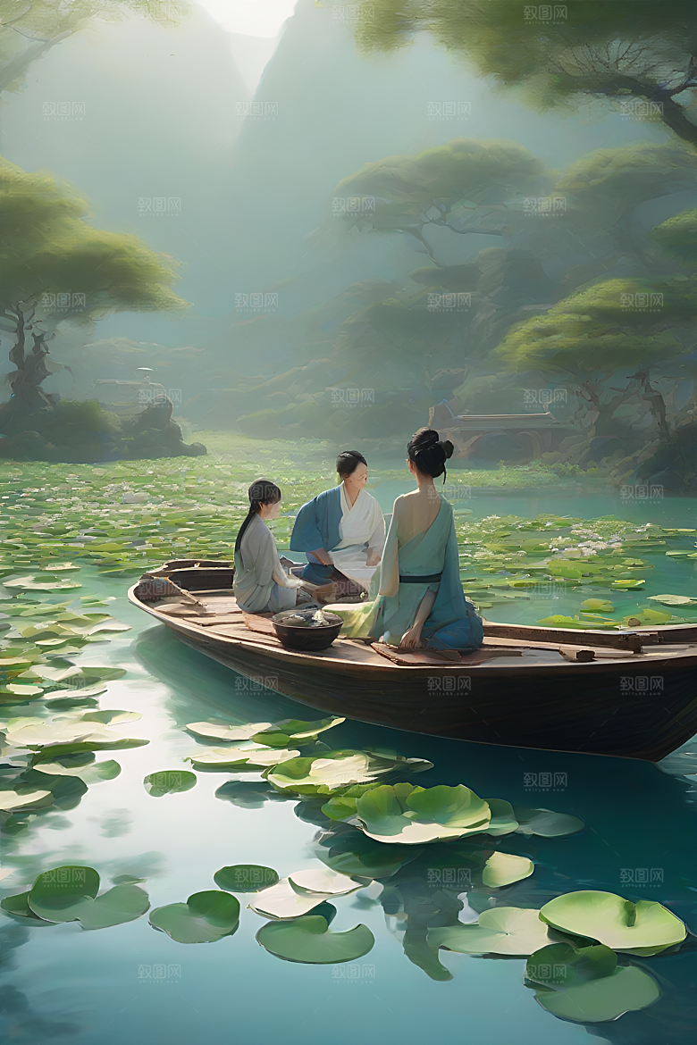 水墨画中的盛夏荷花景观