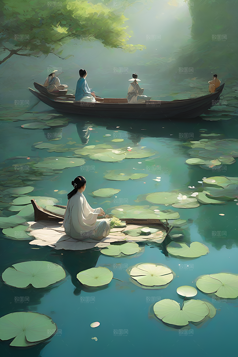 水墨画中的盛夏荷花景观