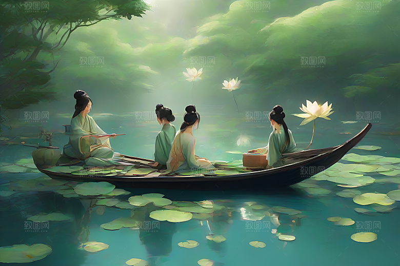 船上赏荷花中国水墨艺术家仇英的风格