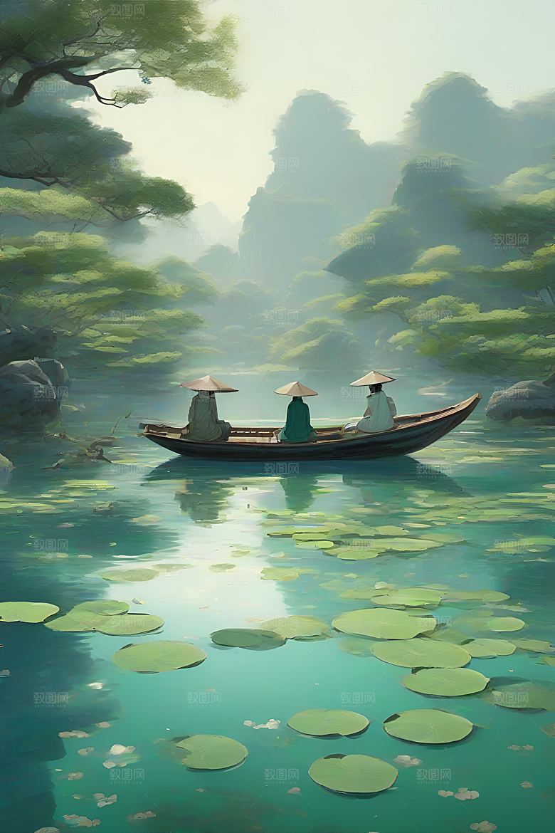 水墨画中的盛夏荷花景观