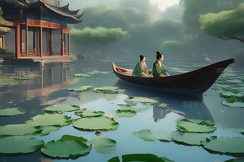 船上赏荷花中国水墨艺术家仇英的风格