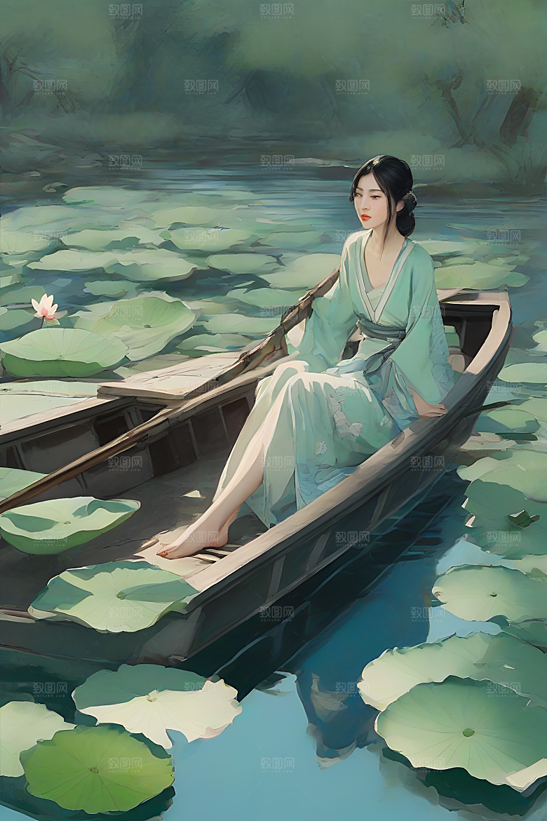 水墨画中的盛夏荷花景观