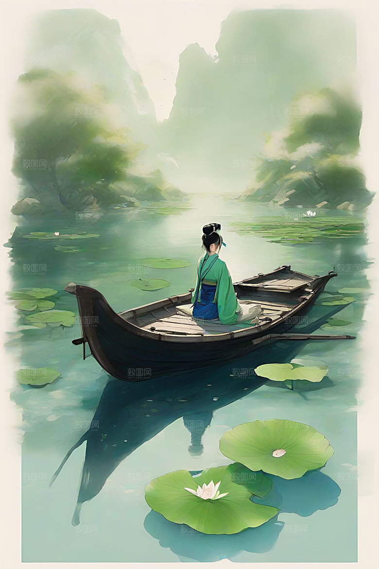 水墨画中的盛夏荷花景观