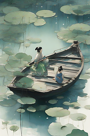 船上赏荷花中国水墨艺术家仇英的风格