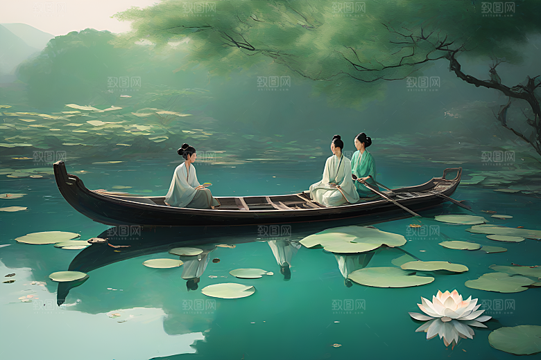 船上赏荷花中国水墨艺术家仇英的风格