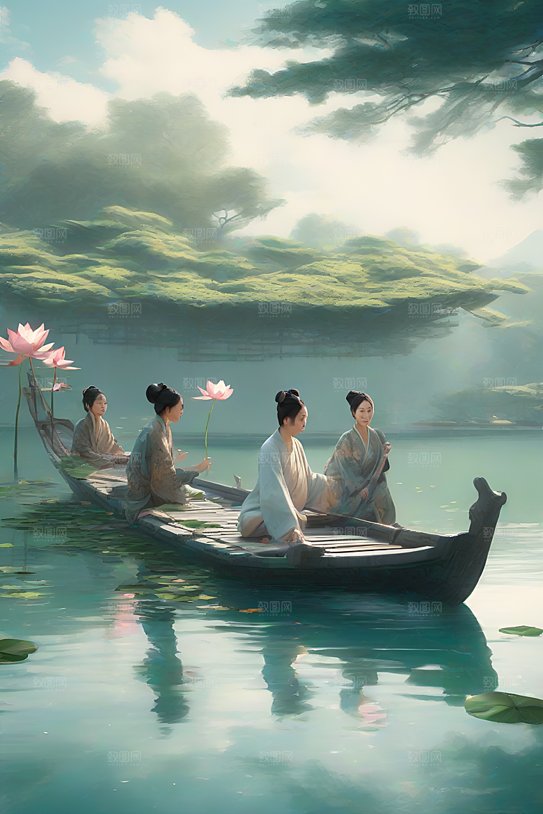 船上观荷花水墨画作品