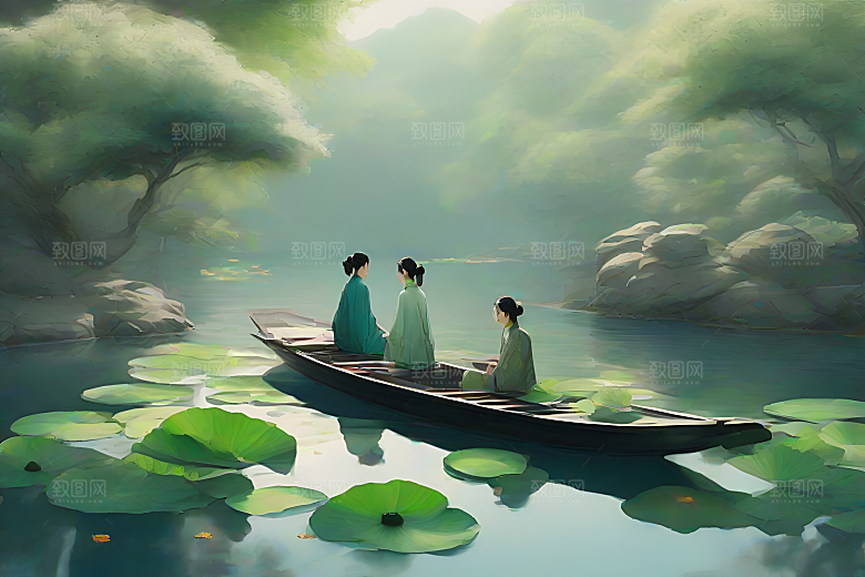 水墨夏日波光玉荷叶船行