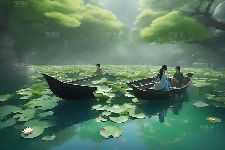 水墨夏日波光玉荷叶船行